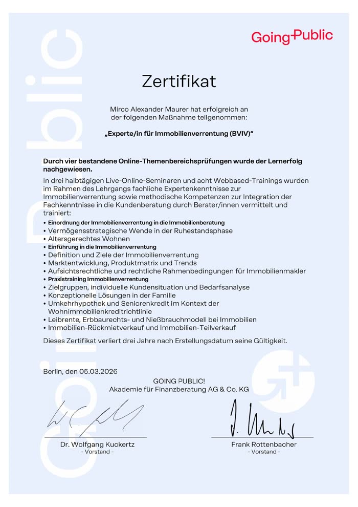 Zertifikat Experte für Immobilienverrentung (BVIV)